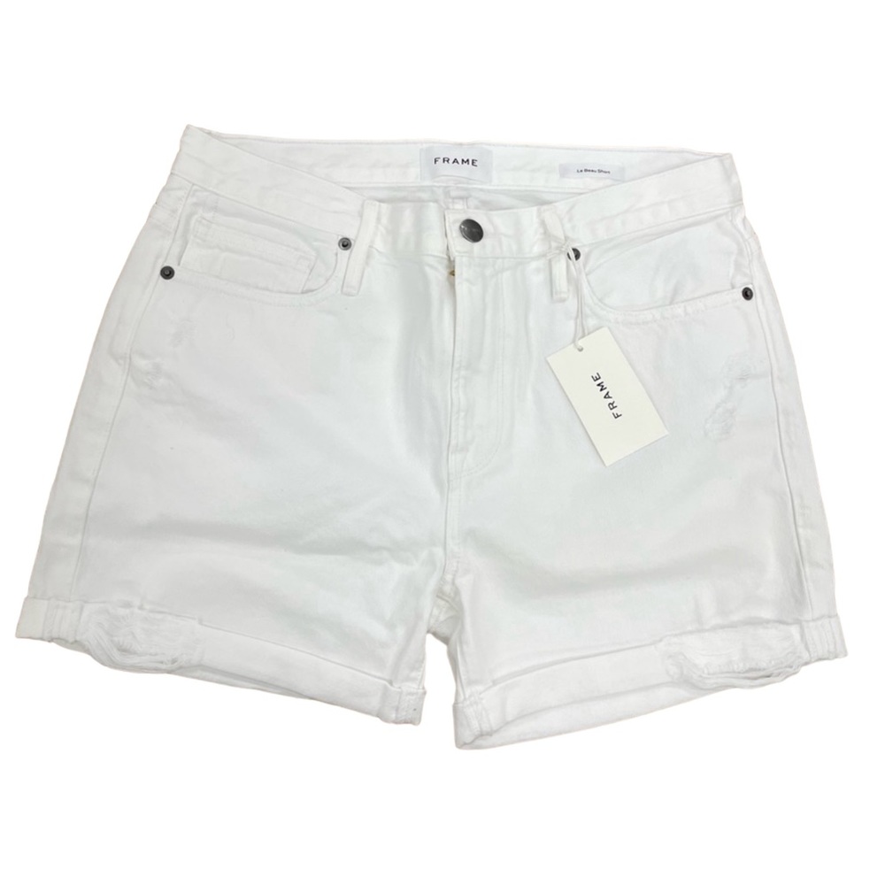 Frame 🆕 Le Beau Distressed Cuffed Denim Jean Shorts White Blanc Elsey
